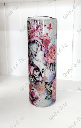 Custom Tumbler - Silver skull/roses