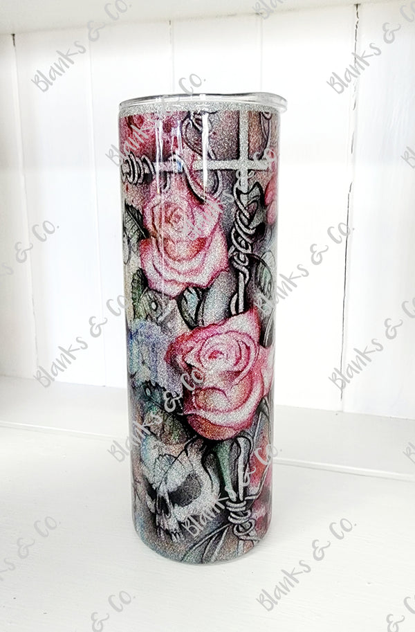 Custom Tumbler - Silver skull/roses